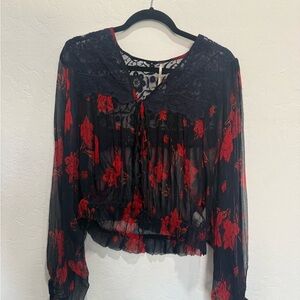 Free People Navy and Red Floral Sheer Blouse
